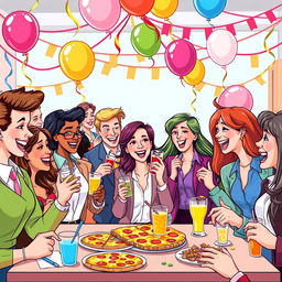 A vibrant cartoon-style illustration of high school teachers celebrating at a lively party