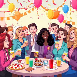 A vibrant cartoon-style illustration of high school teachers celebrating at a lively party