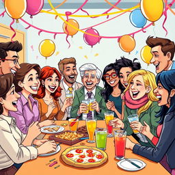 A vibrant cartoon-style illustration of high school teachers celebrating at a lively party