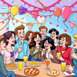 A vibrant cartoon-style illustration of high school teachers celebrating at a lively party