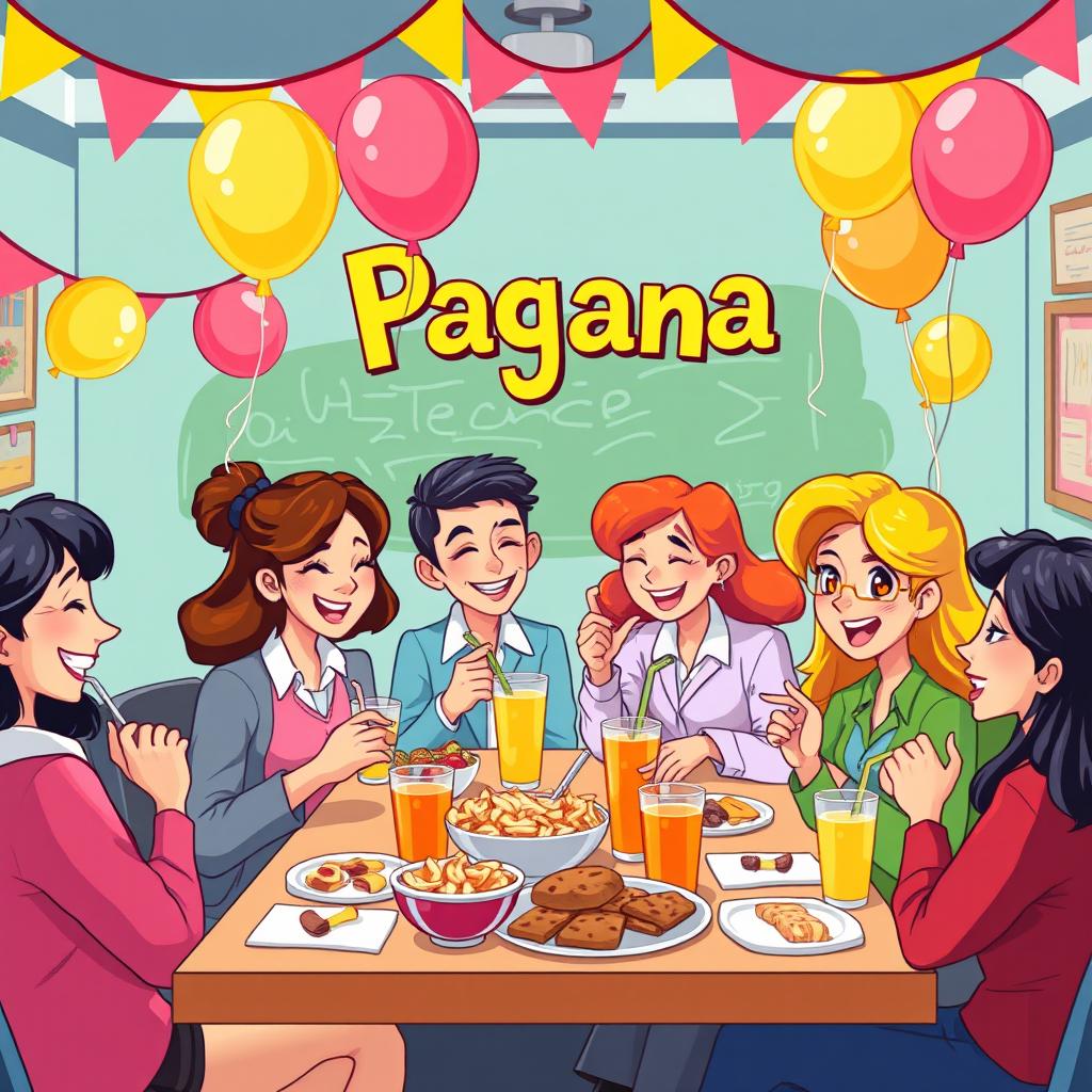 A vibrant cartoon scene depicting a group of high school teachers joyfully eating and drinking at a festive gathering