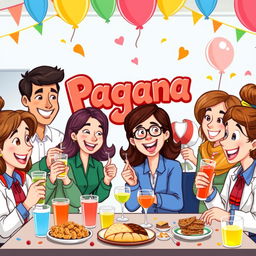 A vibrant cartoon scene depicting a group of high school teachers joyfully eating and drinking at a festive gathering