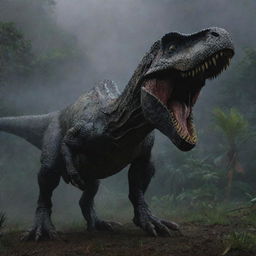 Intensify the scene further by bringing an Indominus Rex onto the chaos-ridden landscape of the darkened Jurassic Park, rivalling the existing Tyrannosaurus Rex.