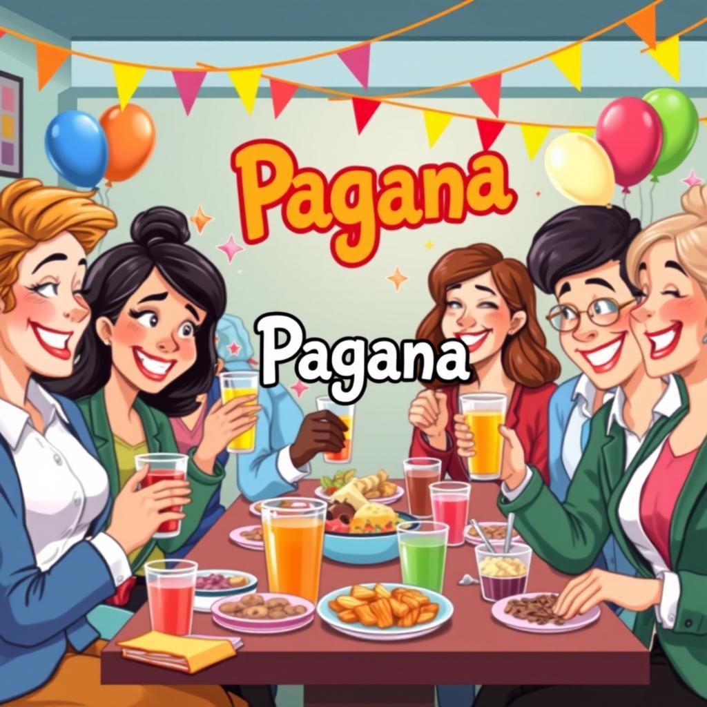 A vibrant cartoon scene depicting a group of high school teachers joyfully eating and drinking at a festive gathering