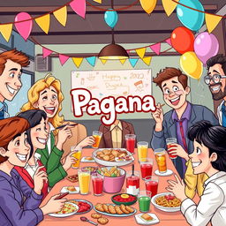 A vibrant cartoon scene depicting a group of high school teachers joyfully eating and drinking at a festive gathering