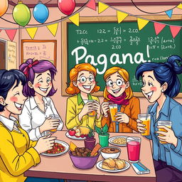 A lively and colorful cartoon scene depicting high school teachers enjoying food and drinks at a festive party