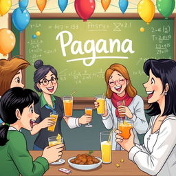 A lively and colorful cartoon scene depicting high school teachers enjoying food and drinks at a festive party