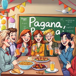 A lively and colorful cartoon scene depicting high school teachers enjoying food and drinks at a festive party