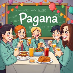 A lively and colorful cartoon scene depicting high school teachers enjoying food and drinks at a festive party