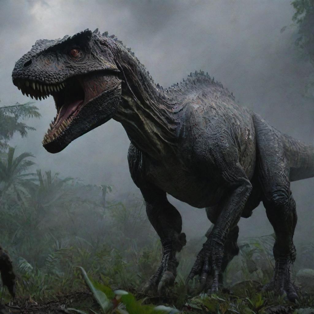 Intensify the scene further by bringing an Indominus Rex onto the chaos-ridden landscape of the darkened Jurassic Park, rivalling the existing Tyrannosaurus Rex.