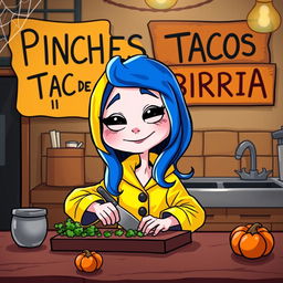 A cartoon character inspired by Coraline, depicted in her kitchen, happily chopping cilantro