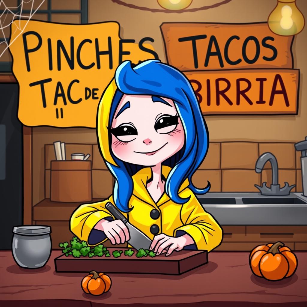 A cartoon character inspired by Coraline, depicted in her kitchen, happily chopping cilantro