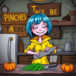 A cartoon character inspired by Coraline, depicted in her kitchen, happily chopping cilantro
