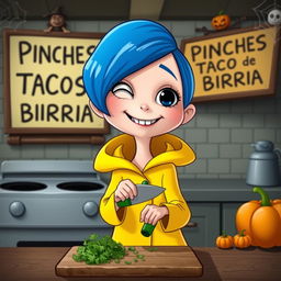 A cartoon character inspired by Coraline, depicted in her kitchen, happily chopping cilantro