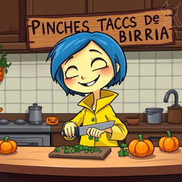 A cartoon character inspired by Coraline, depicted in her kitchen, happily chopping cilantro