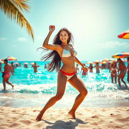 A vibrant and energetic scene featuring a stunning woman with long dark hair, wearing a stylish bikini, performing an exciting dance routine