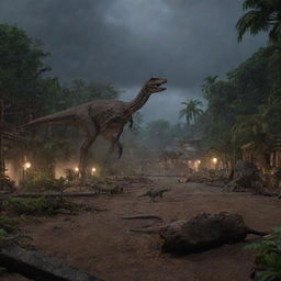 Add a new layer of chaos to the image: the Velociraptor enclosure lies in ruins amidst the turbulent Jurassic Park, adding an additional element of unpredictability to the scene under the looming darkness.