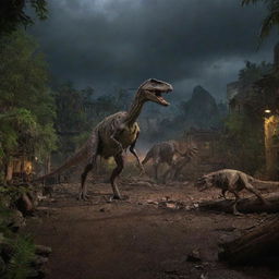 Add a new layer of chaos to the image: the Velociraptor enclosure lies in ruins amidst the turbulent Jurassic Park, adding an additional element of unpredictability to the scene under the looming darkness.