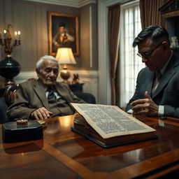 An evocative scene capturing an elite elderly man, aged 84, who has passed away alone in his luxurious home, surrounded by elegant décor hinting at a life of wealth and status