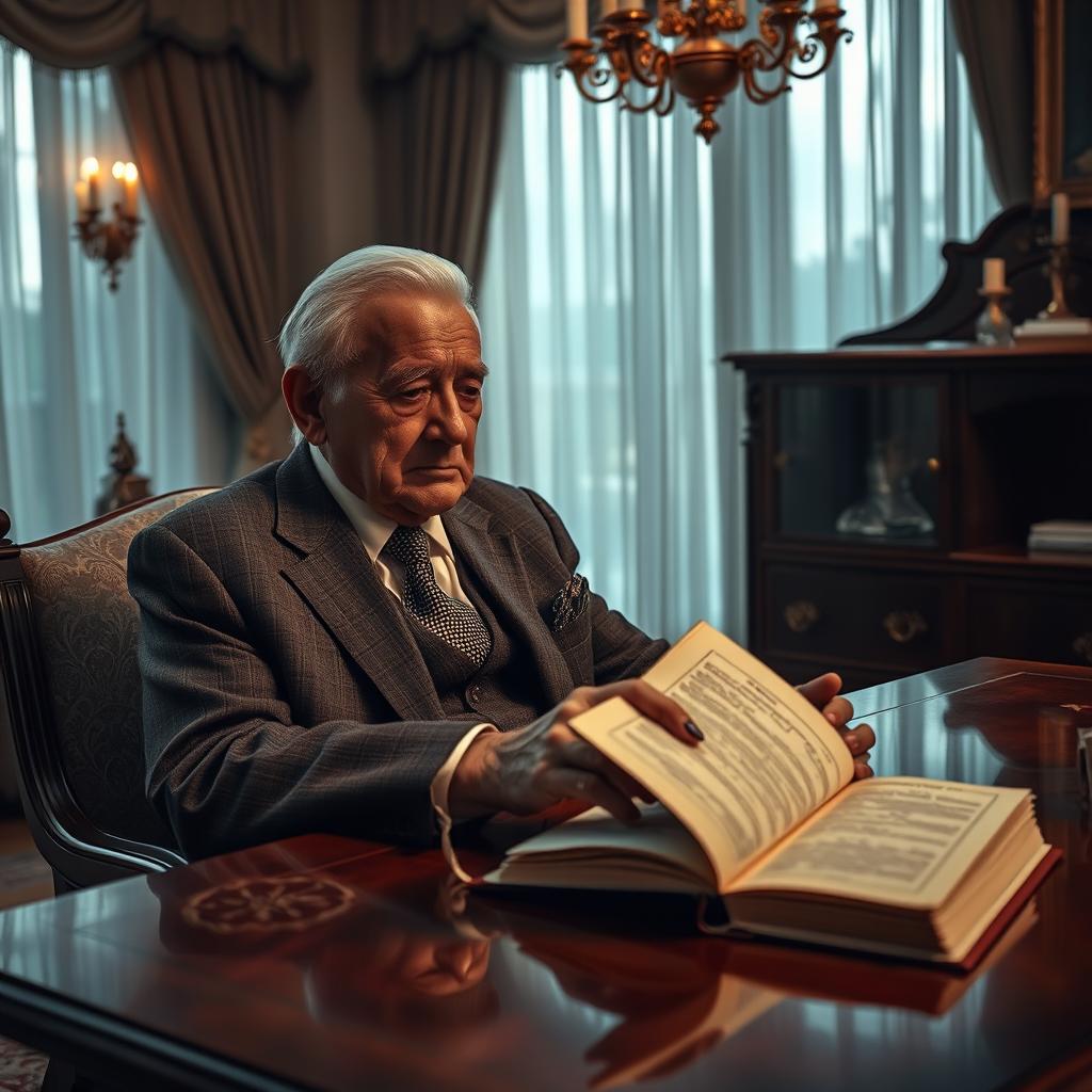 An evocative scene capturing an elite elderly man, aged 84, who has passed away alone in his luxurious home, surrounded by elegant décor hinting at a life of wealth and status