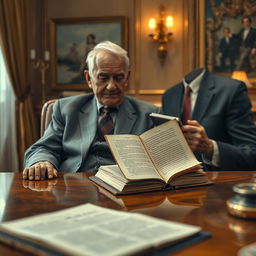 An evocative scene capturing an elite elderly man, aged 84, who has passed away alone in his luxurious home, surrounded by elegant décor hinting at a life of wealth and status