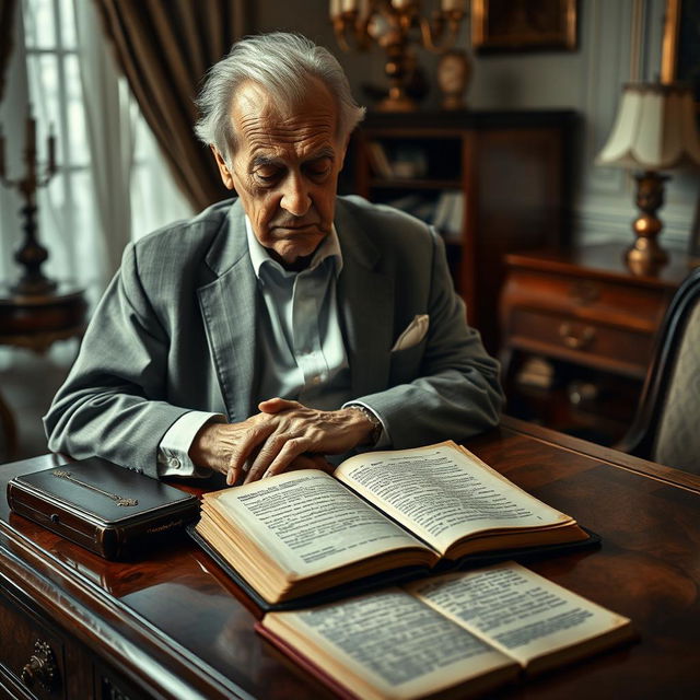 An evocative scene capturing an elite elderly man, aged 84, who has passed away alone in his luxurious home, surrounded by elegant décor hinting at a life of wealth and status