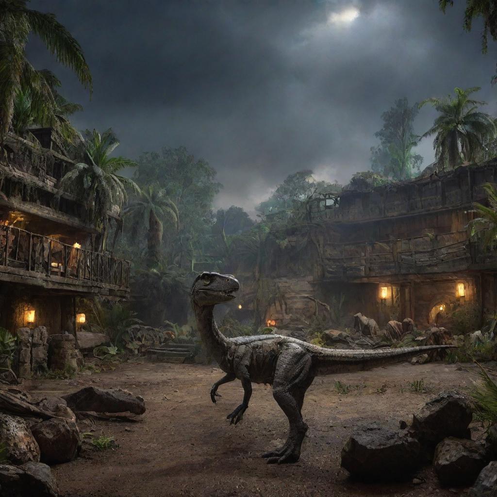 Add a new layer of chaos to the image: the Velociraptor enclosure lies in ruins amidst the turbulent Jurassic Park, adding an additional element of unpredictability to the scene under the looming darkness.