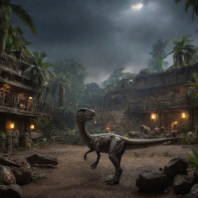 Add a new layer of chaos to the image: the Velociraptor enclosure lies in ruins amidst the turbulent Jurassic Park, adding an additional element of unpredictability to the scene under the looming darkness.