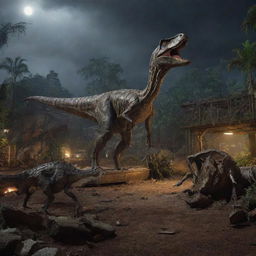 Add a new layer of chaos to the image: the Velociraptor enclosure lies in ruins amidst the turbulent Jurassic Park, adding an additional element of unpredictability to the scene under the looming darkness.