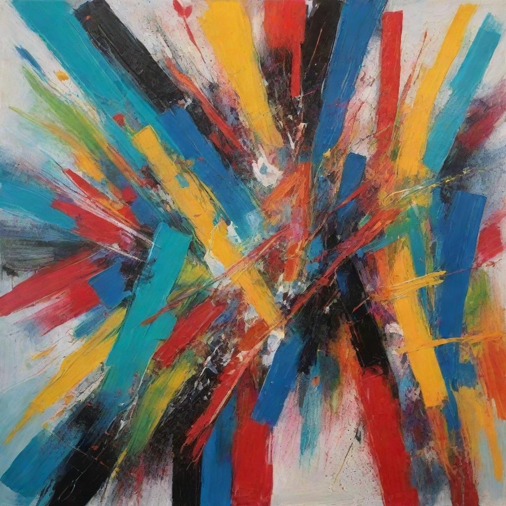 Generate an abstract expressionistic painting full of vibrant colours and striking contrast.