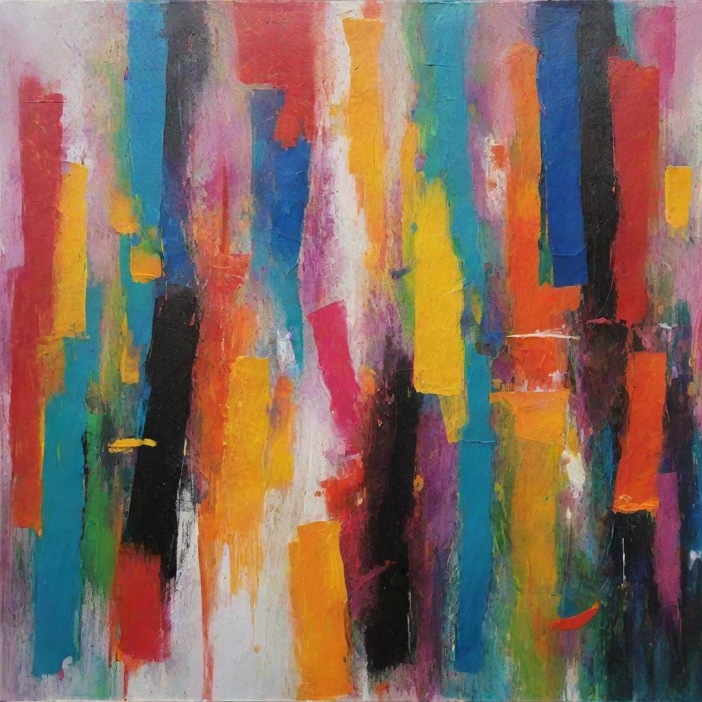 Generate an abstract expressionistic painting full of vibrant colours and striking contrast.