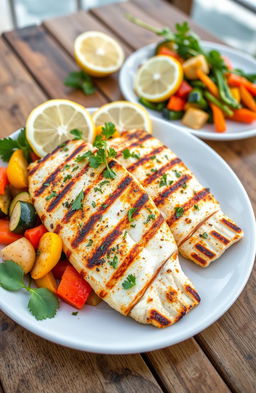 A beautifully arranged plate featuring grilled tilapia fillets garnished with fresh herbs and lemon slices