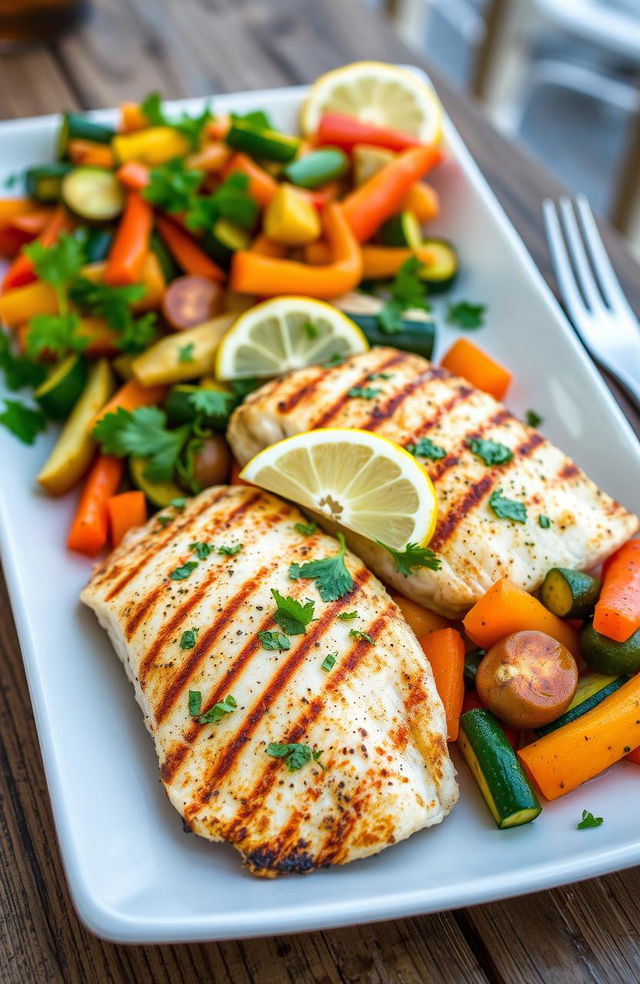 A beautifully arranged plate featuring grilled tilapia fillets garnished with fresh herbs and lemon slices