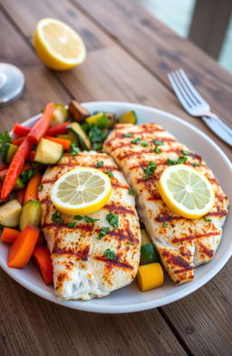 A beautifully arranged plate featuring grilled tilapia fillets garnished with fresh herbs and lemon slices