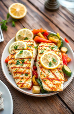 A beautifully arranged plate featuring grilled tilapia fillets garnished with fresh herbs and lemon slices