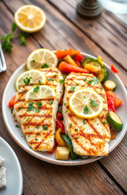 A beautifully arranged plate featuring grilled tilapia fillets garnished with fresh herbs and lemon slices