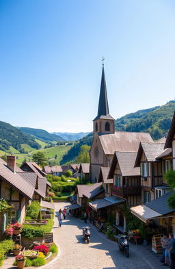 A picturesque village nestled in a lush green valley, the scene showcases charming houses with vibrant flower gardens, a historical stone church with a tall steeple, winding cobblestone streets, and villagers engaging in daily activities