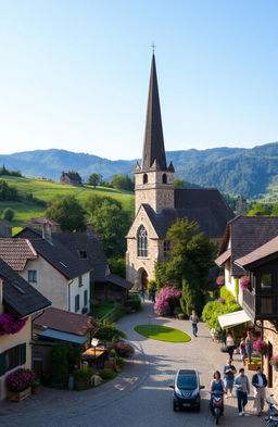 A picturesque village nestled in a lush green valley, the scene showcases charming houses with vibrant flower gardens, a historical stone church with a tall steeple, winding cobblestone streets, and villagers engaging in daily activities