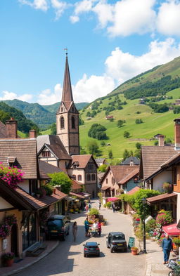 A picturesque village nestled in a lush green valley, the scene showcases charming houses with vibrant flower gardens, a historical stone church with a tall steeple, winding cobblestone streets, and villagers engaging in daily activities