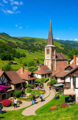 A picturesque village nestled in a lush green valley, the scene showcases charming houses with vibrant flower gardens, a historical stone church with a tall steeple, winding cobblestone streets, and villagers engaging in daily activities