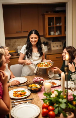 A charming scene in a cozy kitchen where a group of friends is enjoying a delicious homemade meal