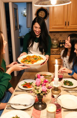 A charming scene in a cozy kitchen where a group of friends is enjoying a delicious homemade meal