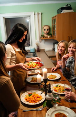 A charming scene in a cozy kitchen where a group of friends is enjoying a delicious homemade meal