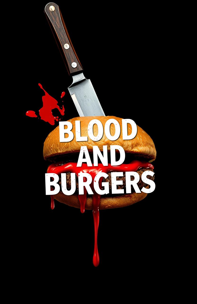 A close-up of a dripping burger patty with a knife embedded in it, set against a stark black background