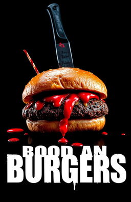 A close-up of a dripping burger patty with a knife embedded in it, set against a stark black background