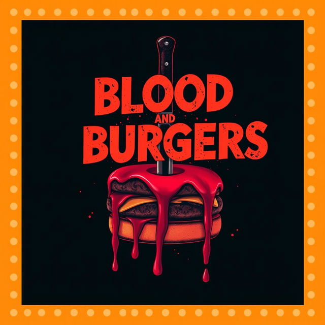 Create a cover design styled like a Quentin Tarantino film poster, featuring the title 'Blood and Burgers' prominently displayed