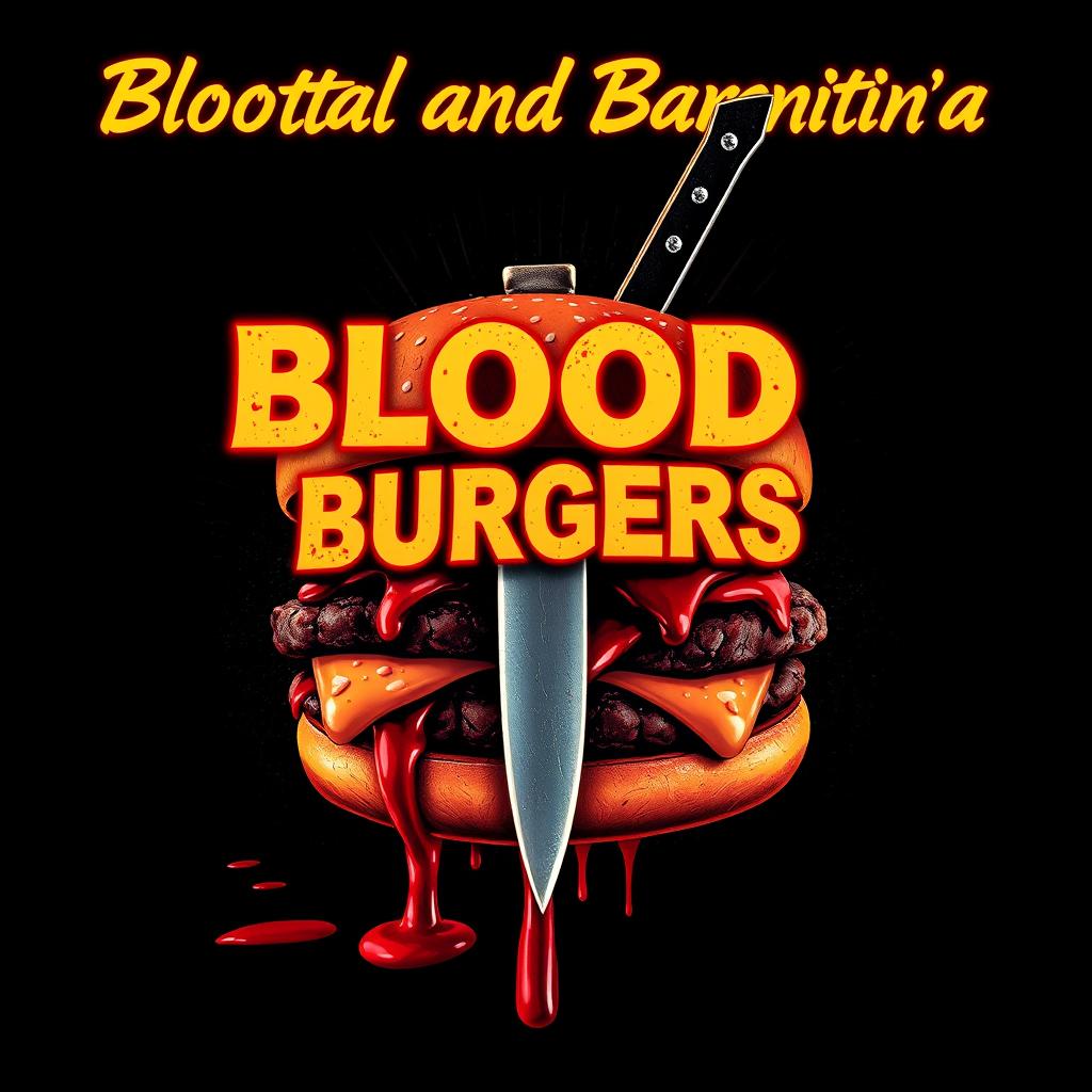 Create a cover design styled like a Quentin Tarantino film poster, featuring the title 'Blood and Burgers' prominently displayed