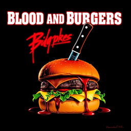 Create a cover design styled like a Quentin Tarantino film poster, featuring the title 'Blood and Burgers' prominently displayed