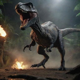 Bring adrenaline surge to the image as a freed Velociraptor launches into the air, attacking a panicking human amidst the spiralling mayhem of the blackout-ridden Jurassic Park.