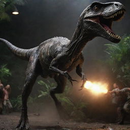 Bring adrenaline surge to the image as a freed Velociraptor launches into the air, attacking a panicking human amidst the spiralling mayhem of the blackout-ridden Jurassic Park.